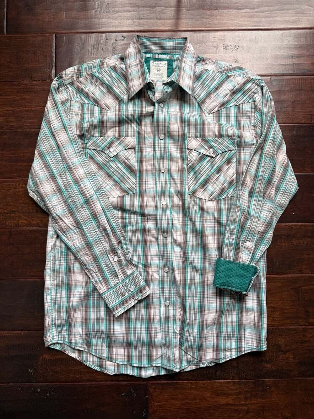 Panhandle Rough Stock Men's Medium Teal and Brown Plaid Pearl Snap Western Shirt